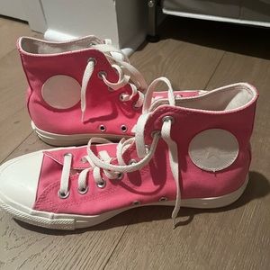 pink custom converse with white logo
